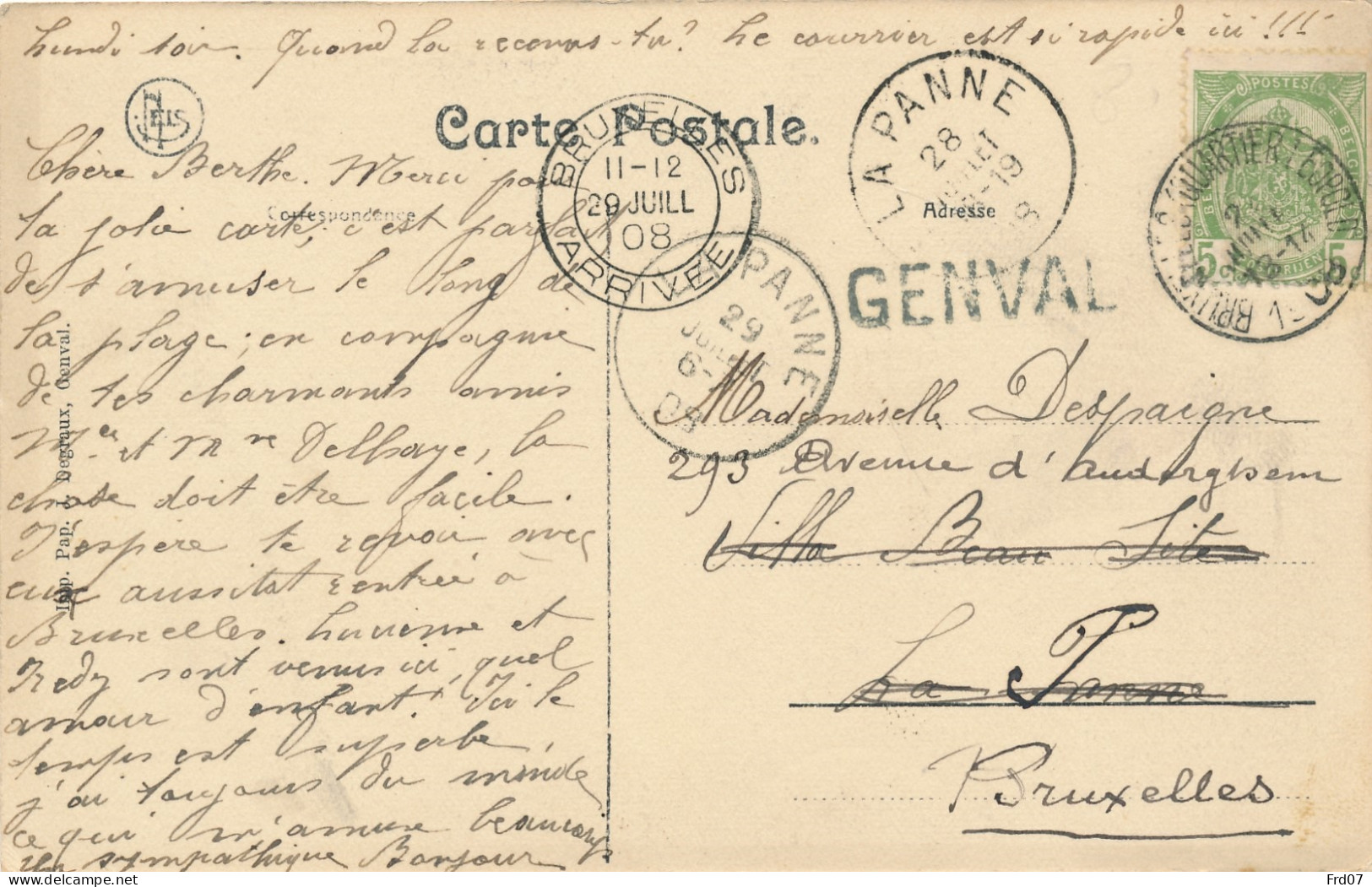 Griffe Genval Sur CP - 1908, Via Bruxelles (Quartier Leoplod) Vers La Panne – Retour Bruxelles 29 Juil 08 - Sello Lineal