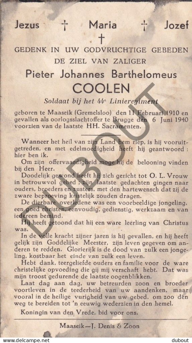 WOII - Soldaat P J Coolen °1910 Maaseik †1940 Brugge (F567) - Todesanzeige