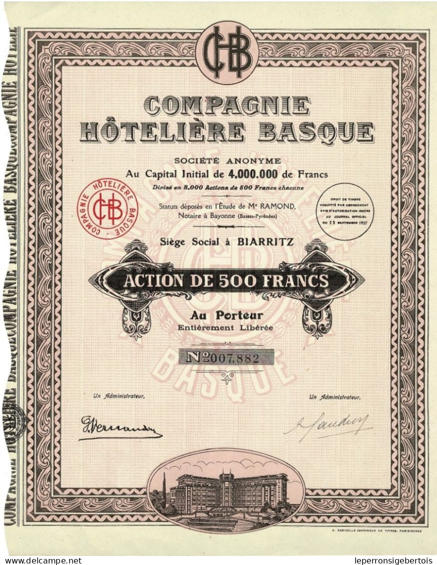 - Titre De 1927 - Compagnie Hôtelière Basque - - Tourismus