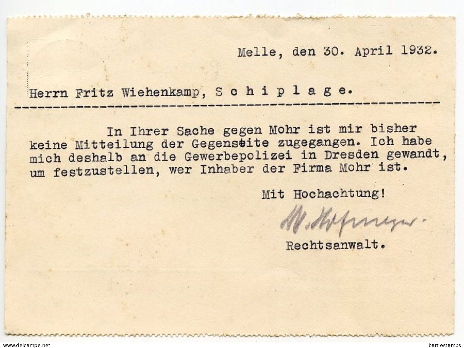 Germany 1932 Postcard; Melle - Dr. Jur. Hofmeyer, Rechtsanwalt (Lawyer) To Schiplage; 6pf. Friedrich Ebert - Lettres & Documents