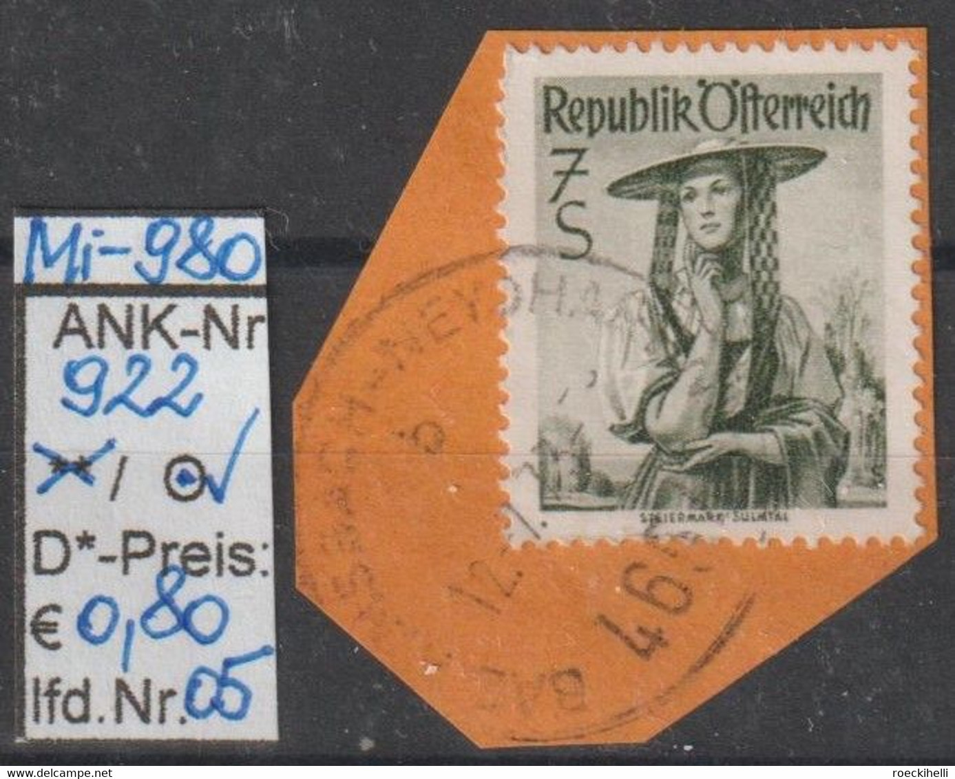 1952 - ÖSTERREICH - FM/DM "Österr. Volkstrachten"  7 S  Olivgrau -  O Gestempelt - S. Scan  (922o 01-05    At) - Gebraucht