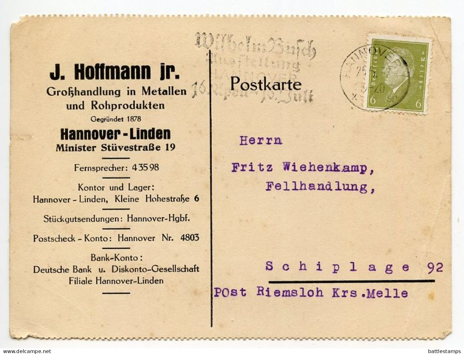 Germany 1932 Postcard; Hannover - J. Hoffman Jr., Großhandlung In Metallen Und Rohprodukten; 6pf. Friedrich Ebert - Lettres & Documents