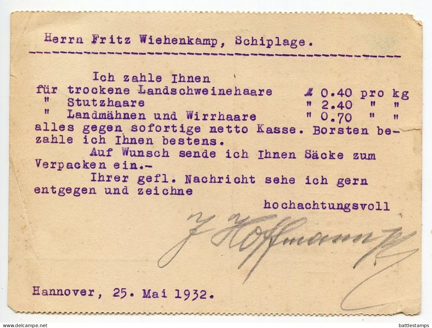 Germany 1932 Postcard; Hannover - J. Hoffman Jr., Großhandlung In Metallen Und Rohprodukten; 6pf. Friedrich Ebert - Lettres & Documents