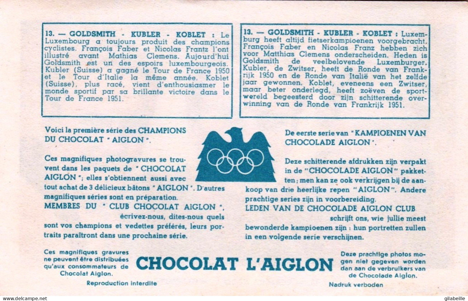 Chromo - Chocolat Aiglon - Cyclisme - Wielrenners - Cyclistes - LUBLER - KOBLET - GOLDSMITH - Wielrennen
