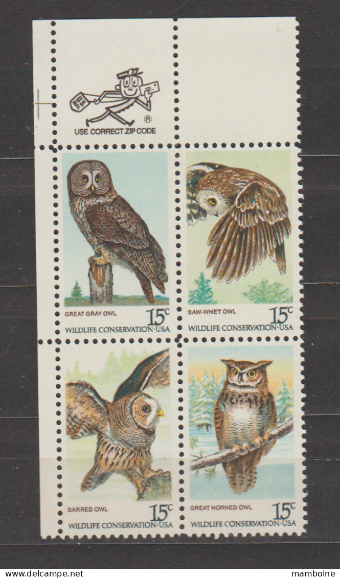 USA  1978   N° 1218 /  21  Neuf X X  (bloc De 4) Chouette / Hibou - Unused Stamps