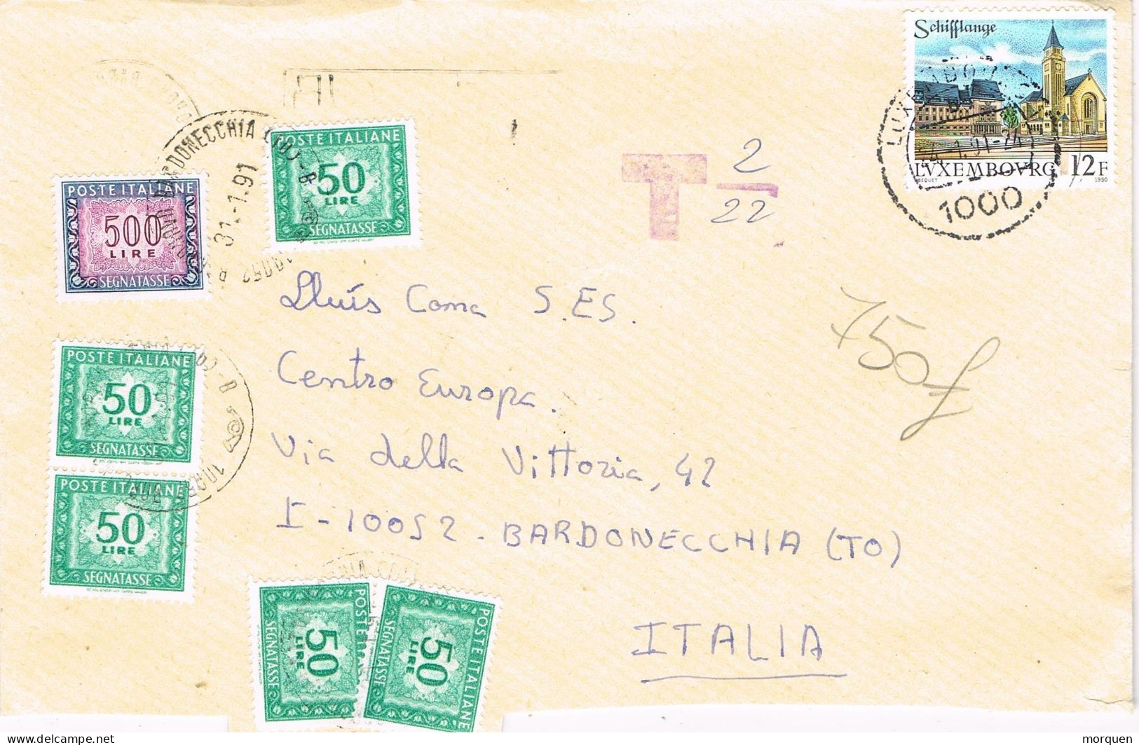 54962. Carta LUXEMBOURG 1991. TAXE, Tasada A Italia, Bardonecchia - Briefe U. Dokumente