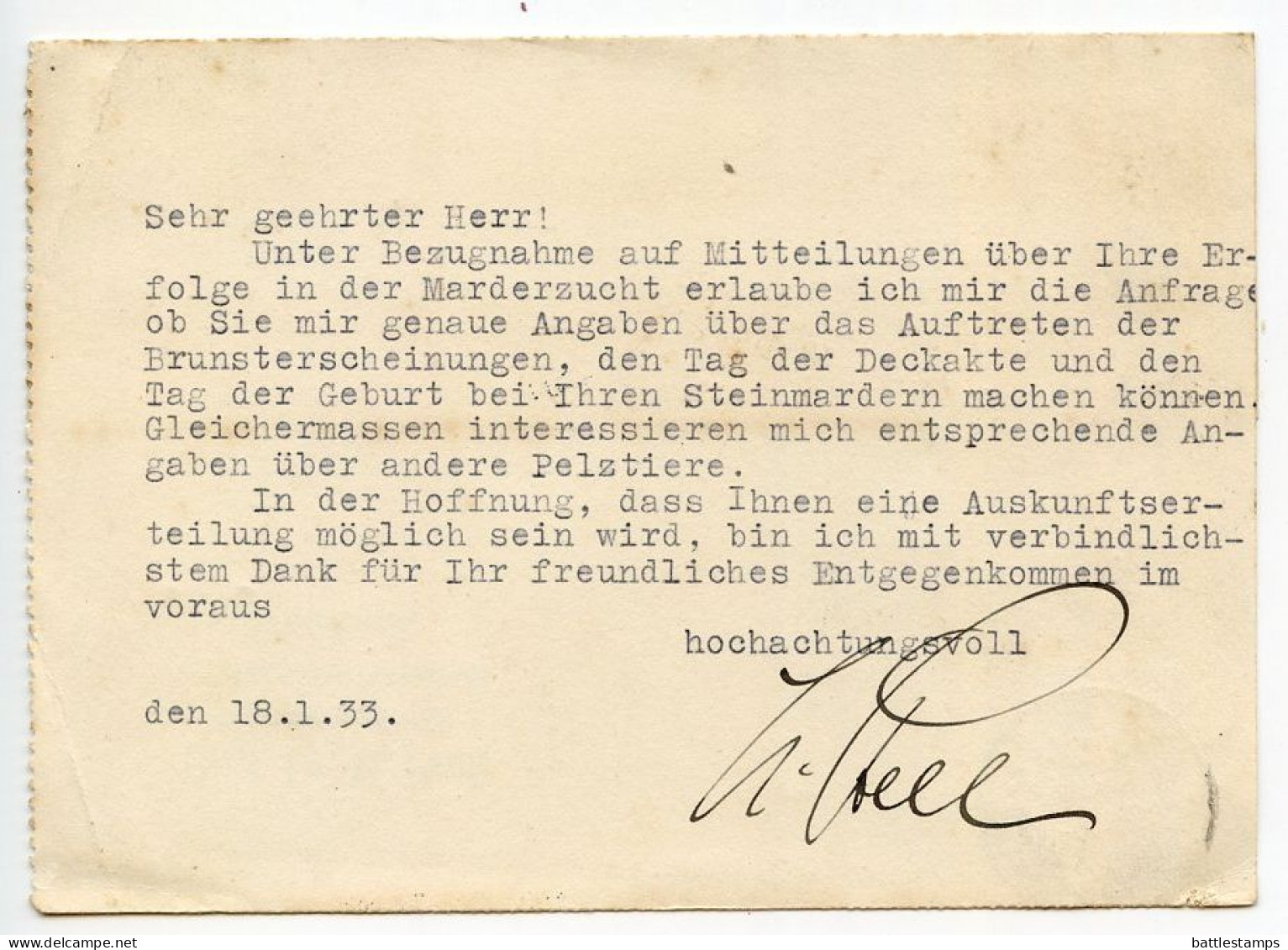 Germany 1933 Postcard; Dresden-Loschwitz - Prof Dr H. Prell, Zoologisches Institut Der Forstlichen Hochschule; 6pf Ebert - Covers & Documents