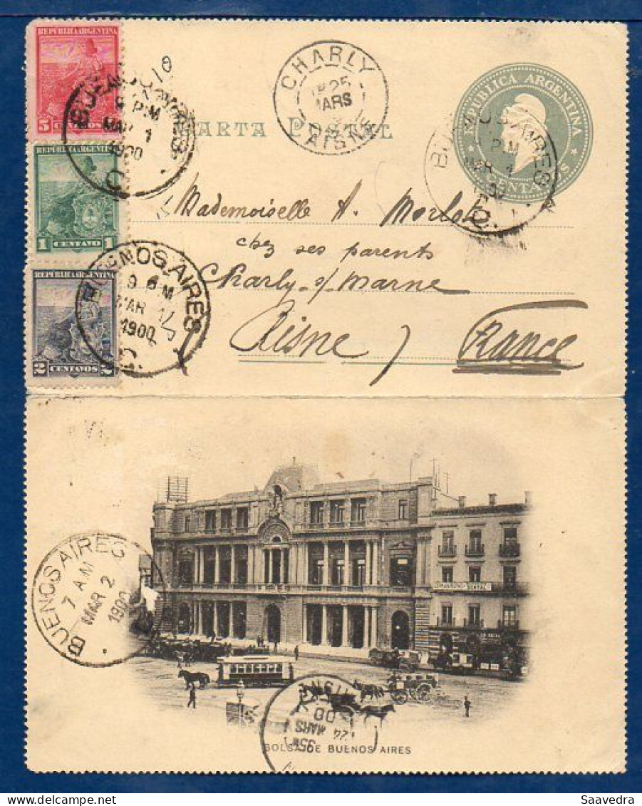 Argentina To France, 1900, Uprated Postal Stationery, Bolsa De Buenos Aires  (003) - Entiers Postaux
