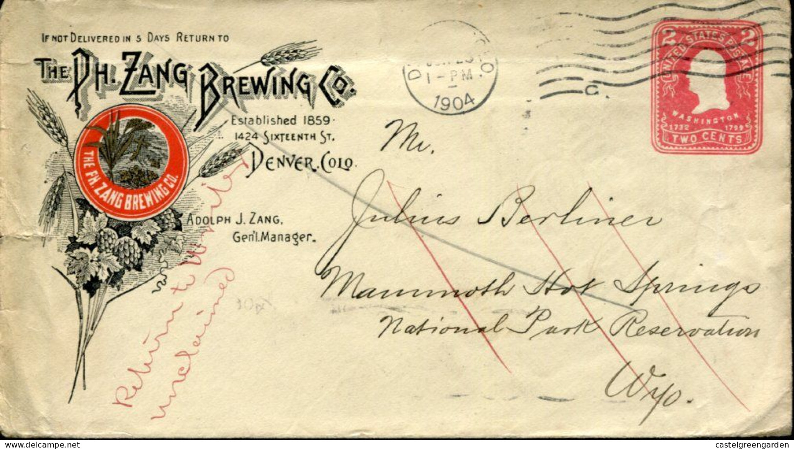X0322 U.s.a. Stationery Cover Circuled 1904 From Denver To Yellowstone,The Ph.Zang Brewing Co. Denver - Beers