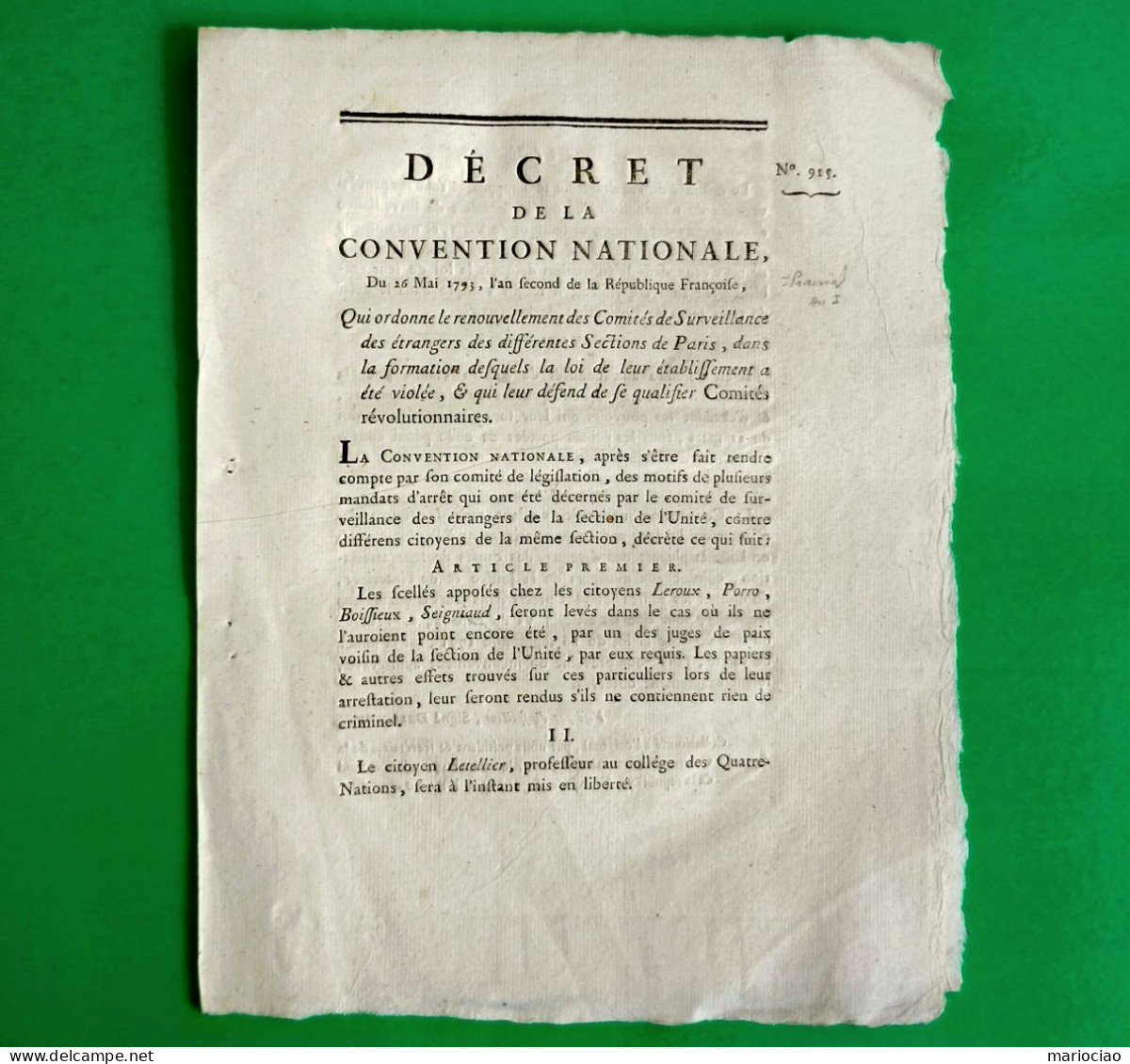 D-FR Révolution 1793 Renouvellement Des Comités De Surveillance Des étrangers - Historische Dokumente