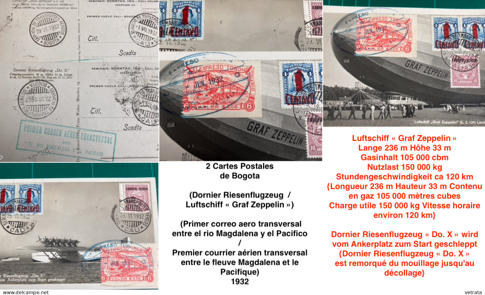 2 Cartes Postales (Dornier Riesenflugzeug  / Luftschiff « Graf Zeppelin ») De Bogota (Primer Correo Aero Transversal Ent - Airships