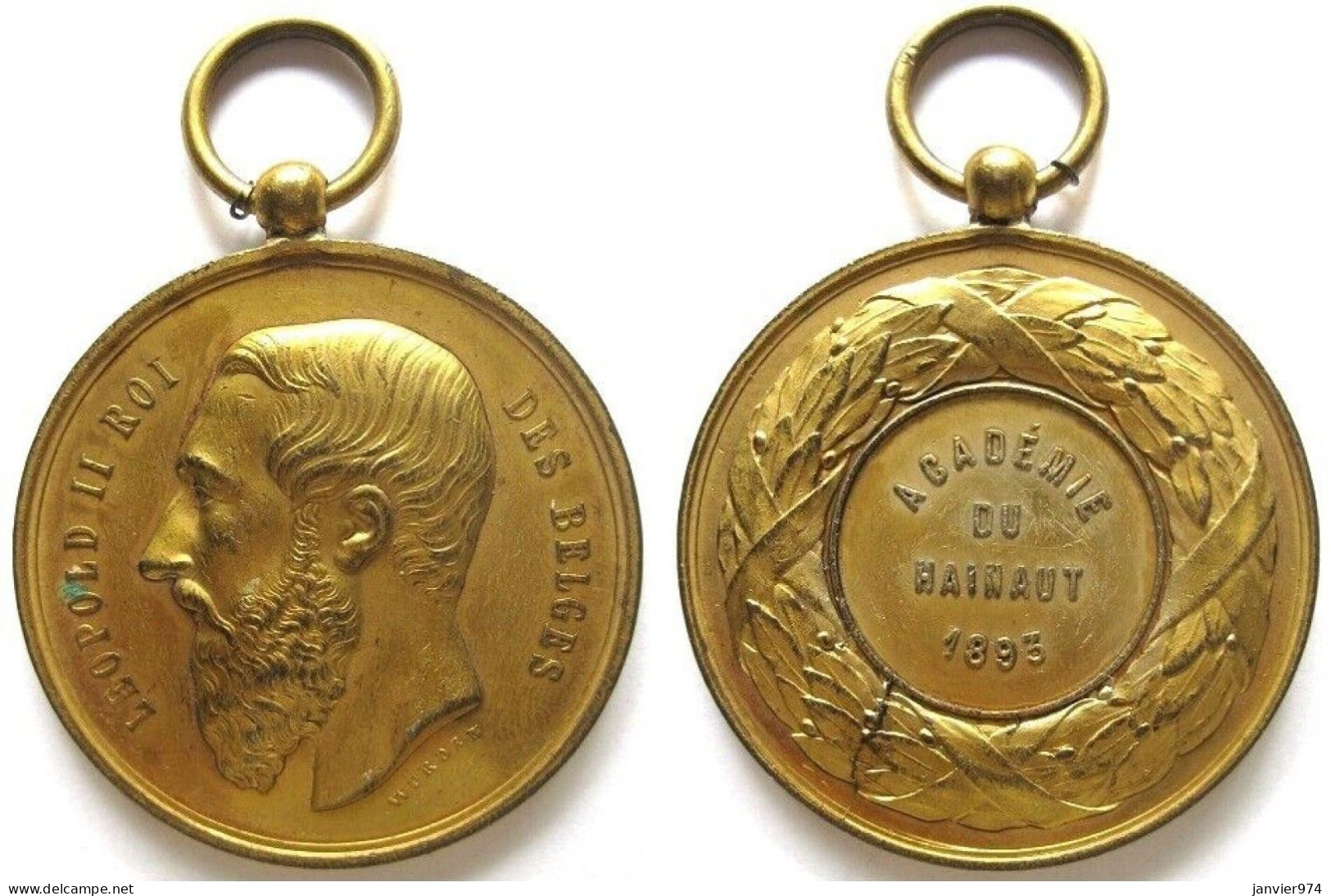 Médaille En Cuivre Dorée Académie Du Hainaut 1893, Léopold II Roi Des Belges , Par Wurden - Andere & Zonder Classificatie
