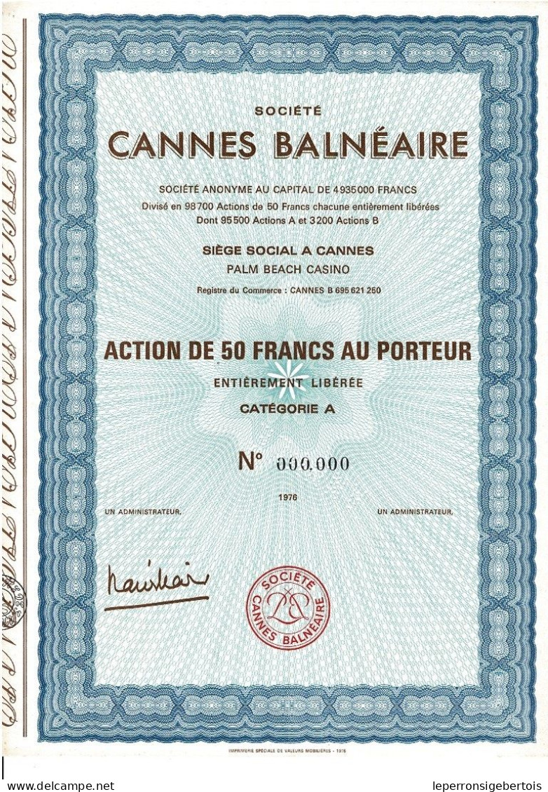 - Titre De 1976 - Société Cannes Balnéaire - - Casino