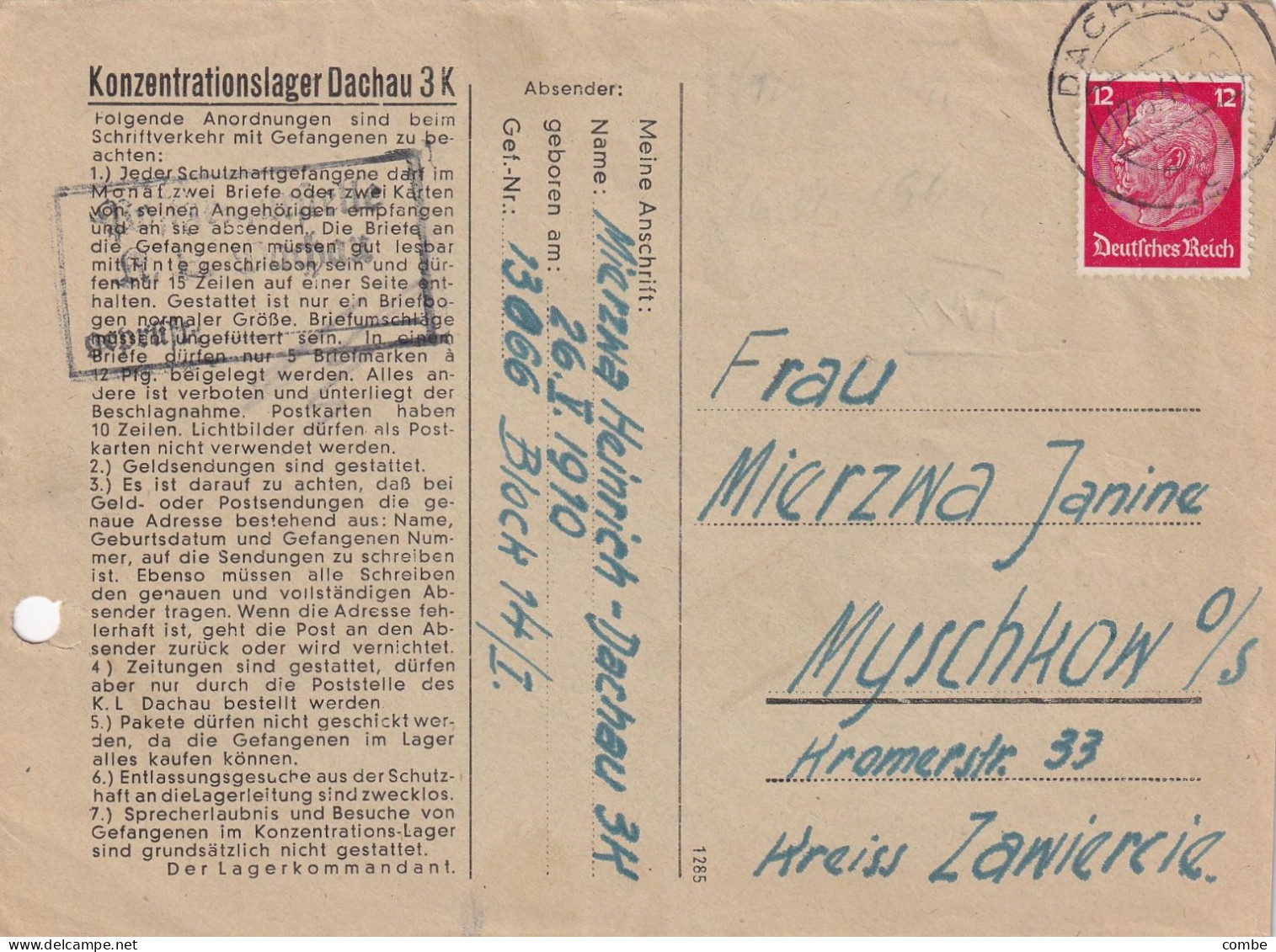 KONZENTRATIOSLAGER DACHAU 3K. 12 6 41 - Covers & Documents