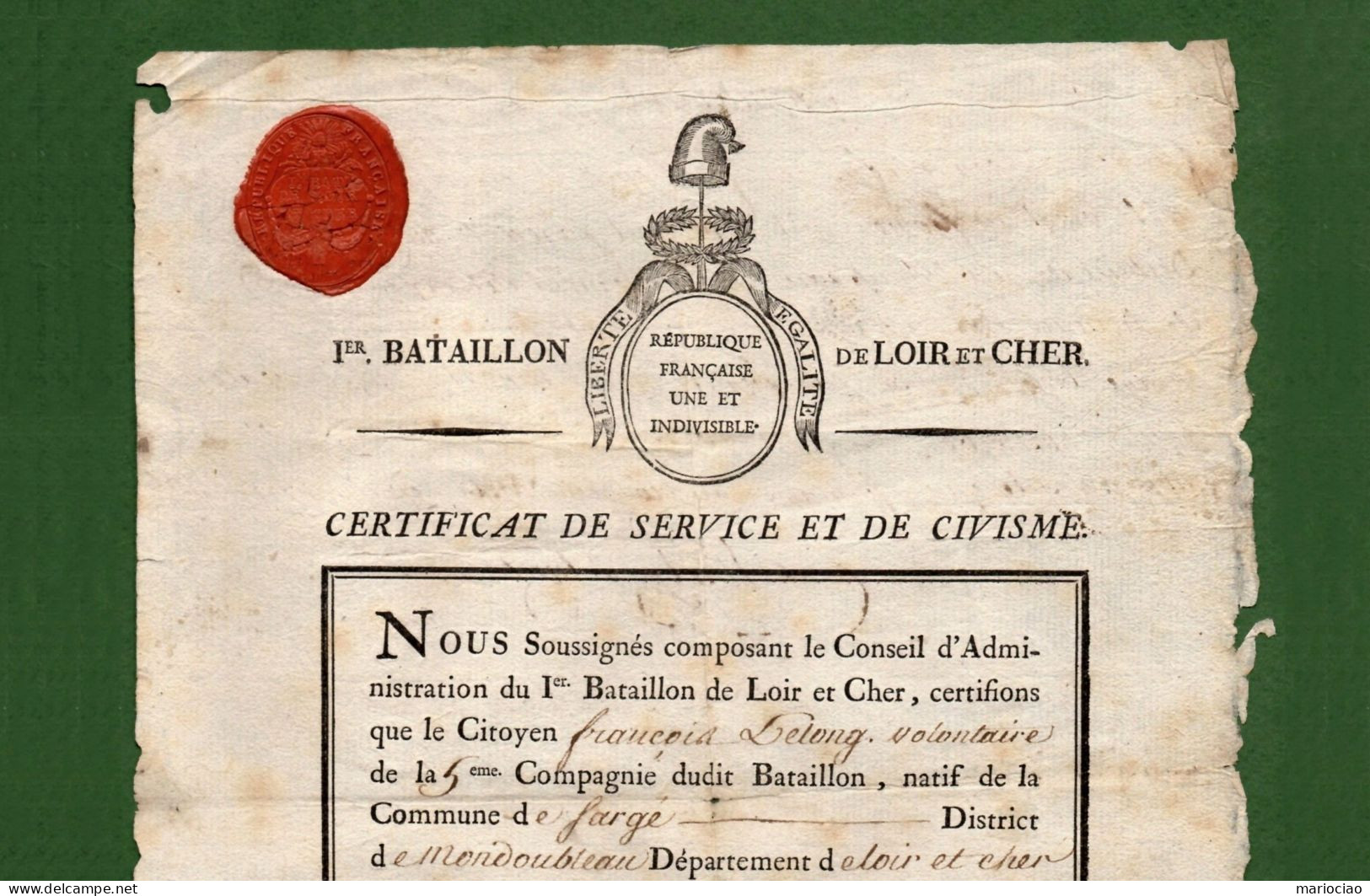 D-FR Révolution 1794 ARLES Certificat De Service & Civisme I^ Bataillon Loir Et Cher - Documents Historiques