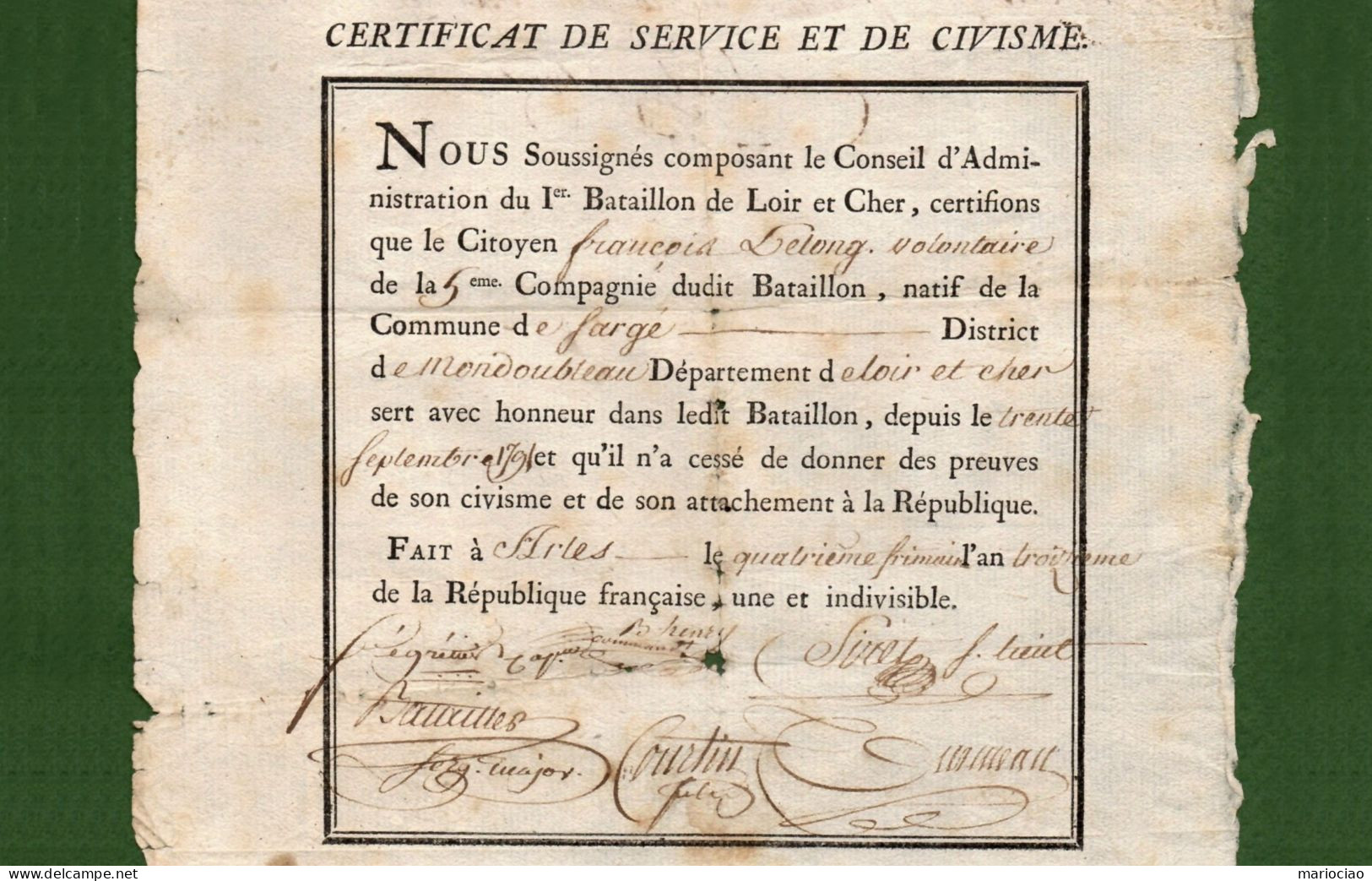 D-FR Révolution 1794 ARLES Certificat De Service & Civisme I^ Bataillon Loir Et Cher - Documents Historiques