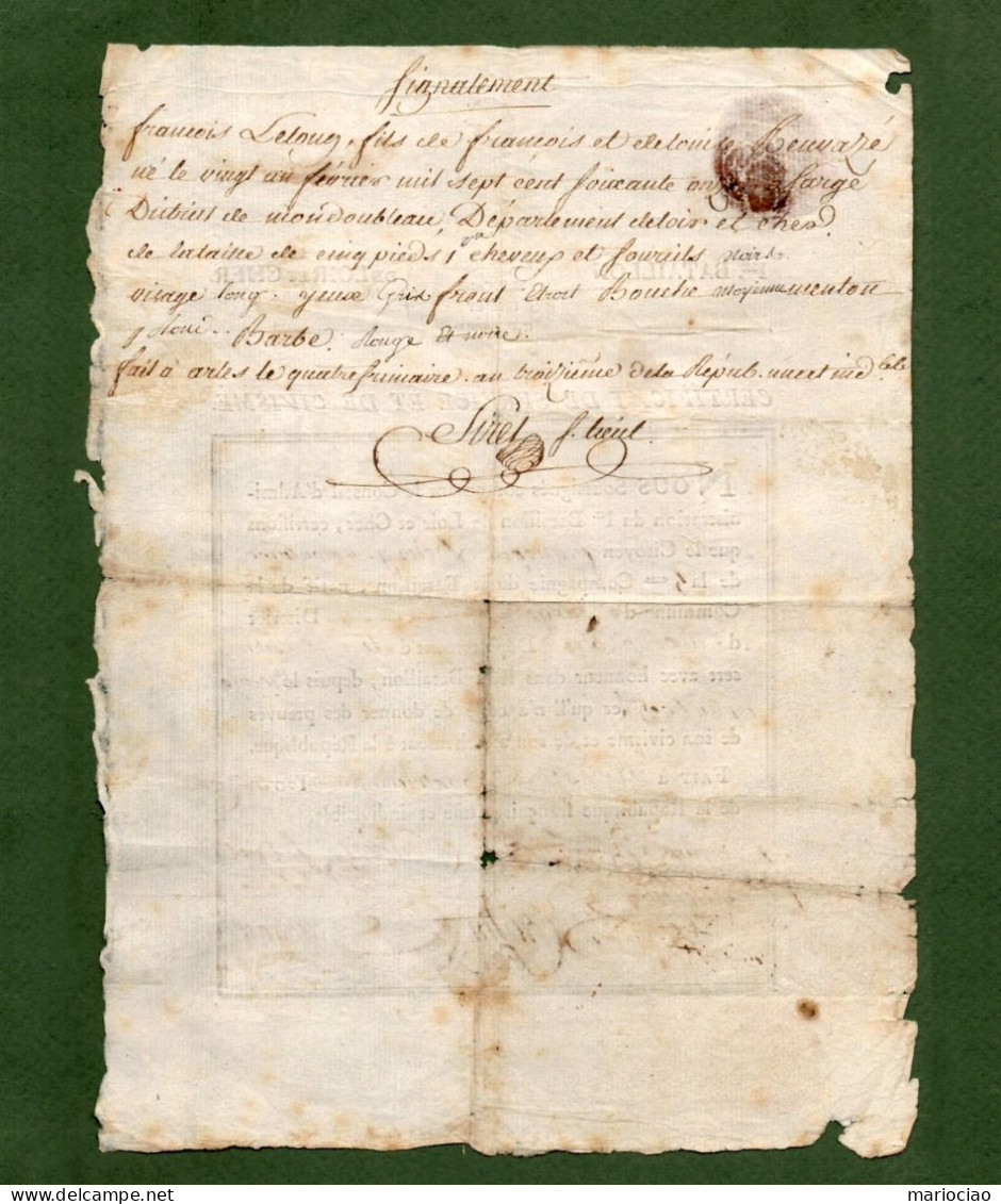 D-FR Révolution 1794 ARLES Certificat de Service & Civisme I^ Bataillon Loir et Cher