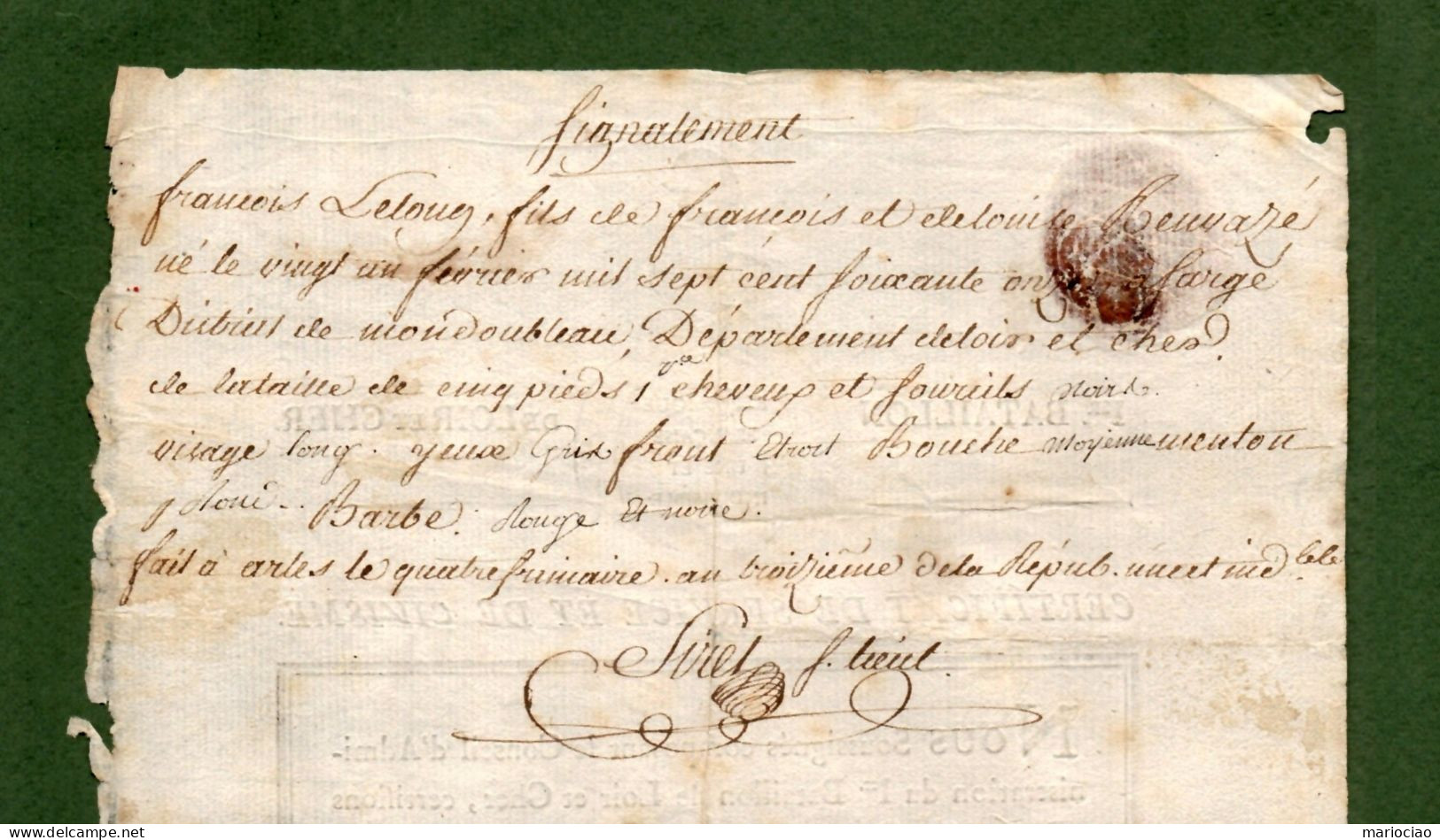 D-FR Révolution 1794 ARLES Certificat de Service & Civisme I^ Bataillon Loir et Cher