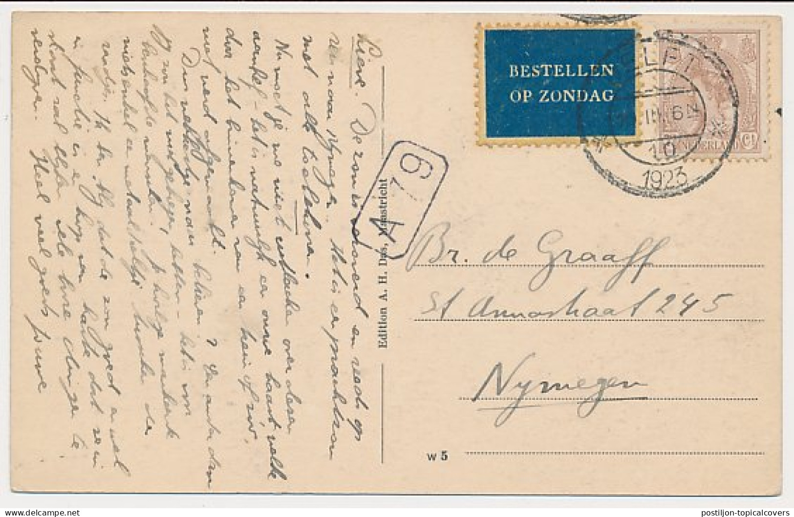 Bestellen Op Zondag - Delft - Nijmegen 1923 - Lettres & Documents