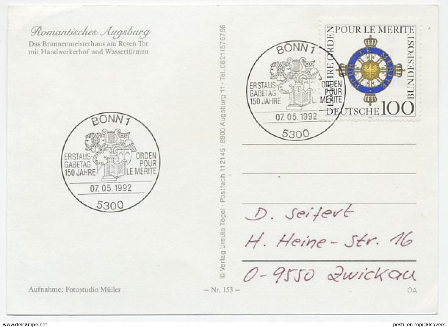 Card / Postmark Germany 1992 Order Of Merit - Book - Owl - Harp - Palette - Sonstige & Ohne Zuordnung