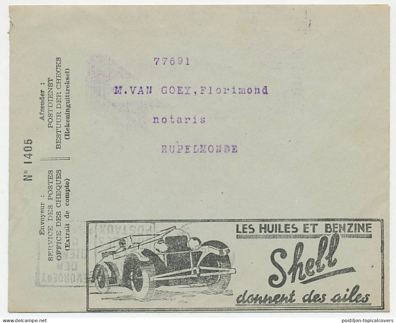 Postal Cheque Cover Belgium 1934 Oil - Shell - Car - Anal Itch Cream - Paper  - Altri & Non Classificati