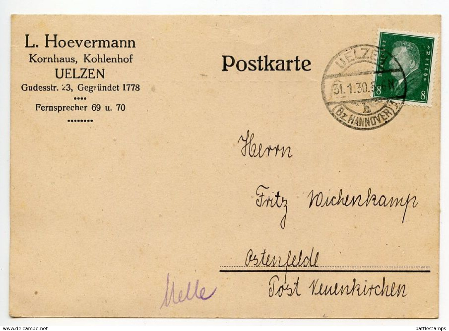 Germany 1930 Postcard; Uelzen (Br. Hannover) - L. Hoevermann, Kornhaus, Kohlenhof; 8pf. Friedrich Ebert - Covers & Documents