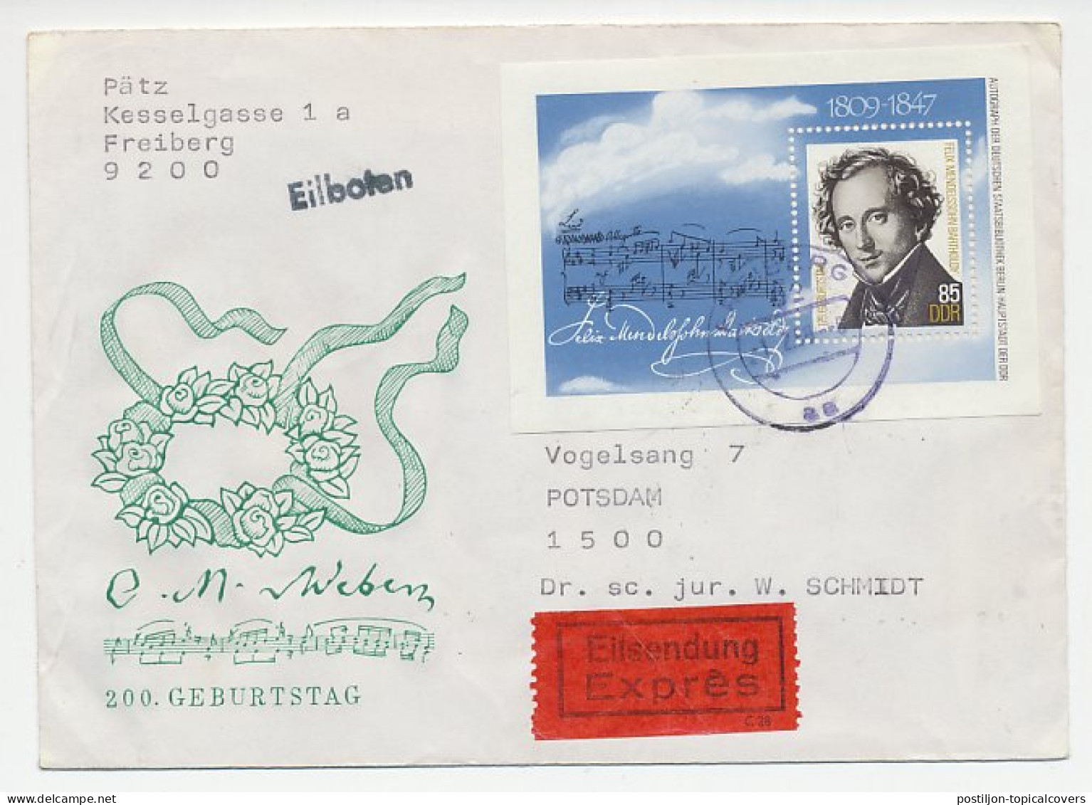 Express Cover Germany / DDR 1988 Felix Mendelssohn Bartholdy - Composer - Music