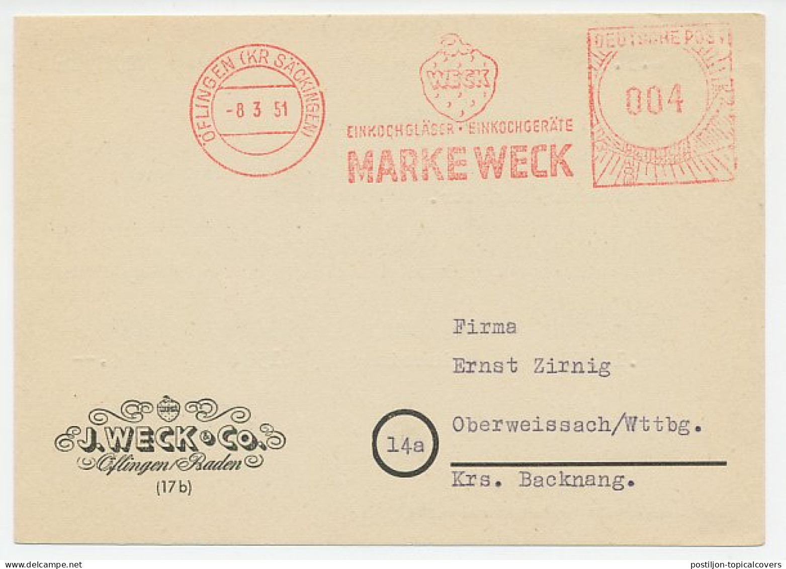Meter Card Deutsche Post / Germany 1951 Weck Jars - Strawberry - Fruits