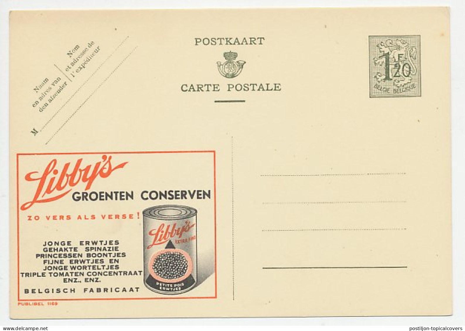 Publibel - Postal Stationery Belgium 1952 Canned Vegetables - Pea - Spinach - Beans - Carrots - Tomatoes - Legumbres