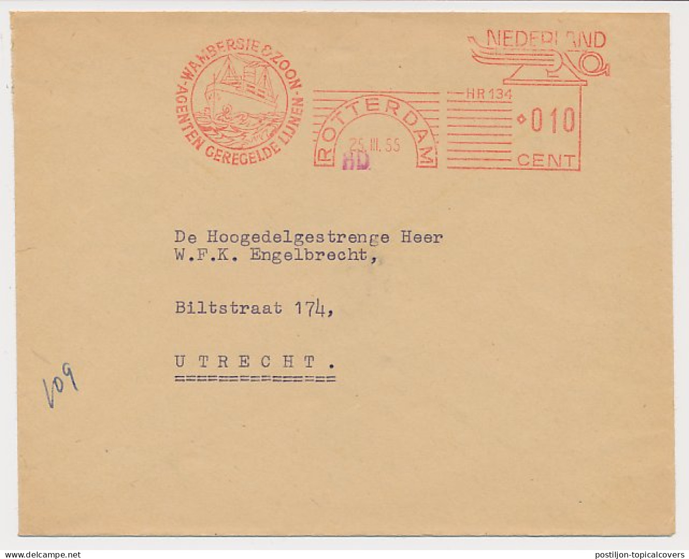 Meter Cover Netherlands 1955 - Hasler 134 Shipping Company Wambersie - Ships