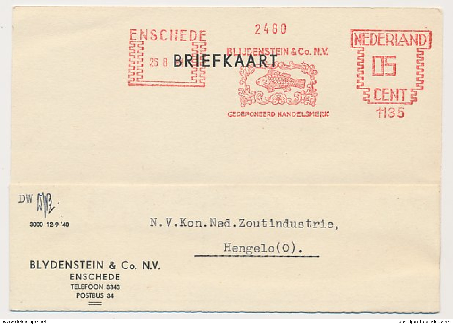Meter Card Netherlands 1941 Fish - Enschede - Fische