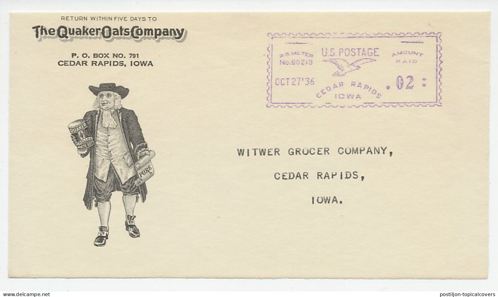 Illustrated Meter Cover ( Only Front ) USA 1936 Quaker - The Quaker Oats Company - Other & Unclassified