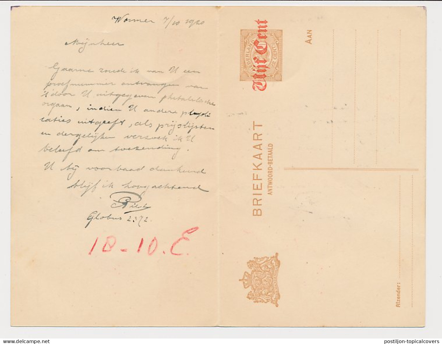 Briefkaart G. 108 I Wormerveer - Rotterdam 1920 - Postal Stationery