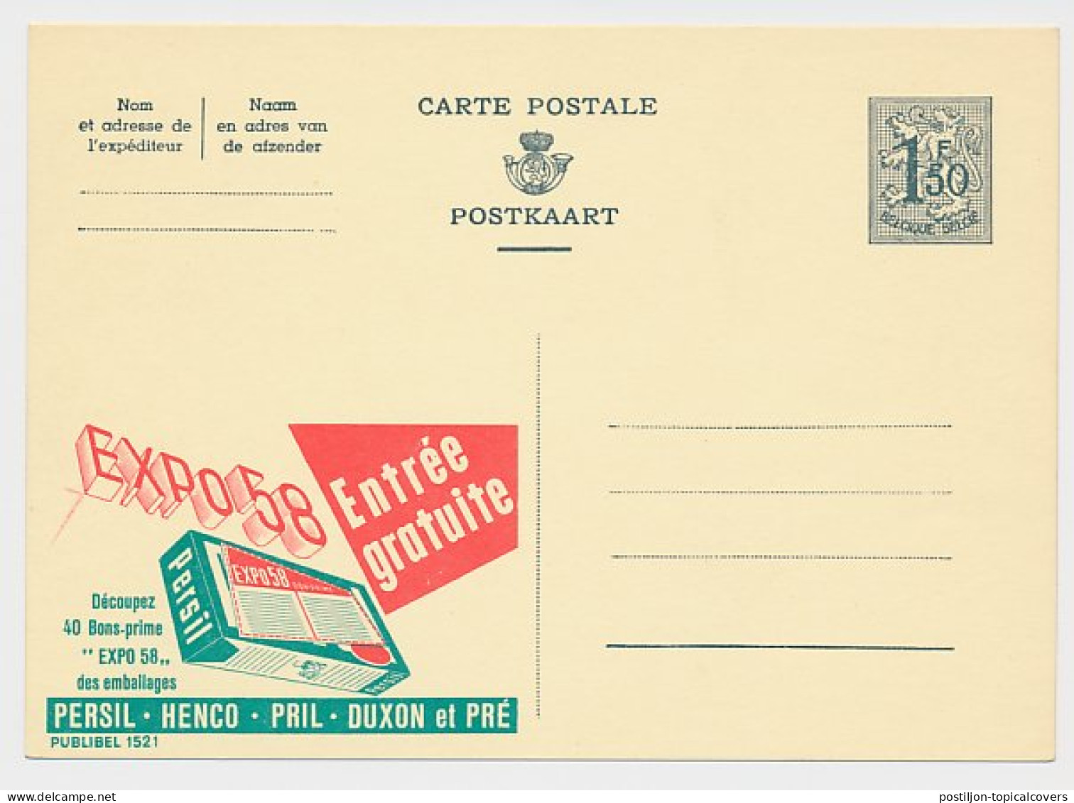 Publibel - Postal Stationery Belgium 1957 Expo 58 - Persil Soap - Henco - Pril  - Carnival