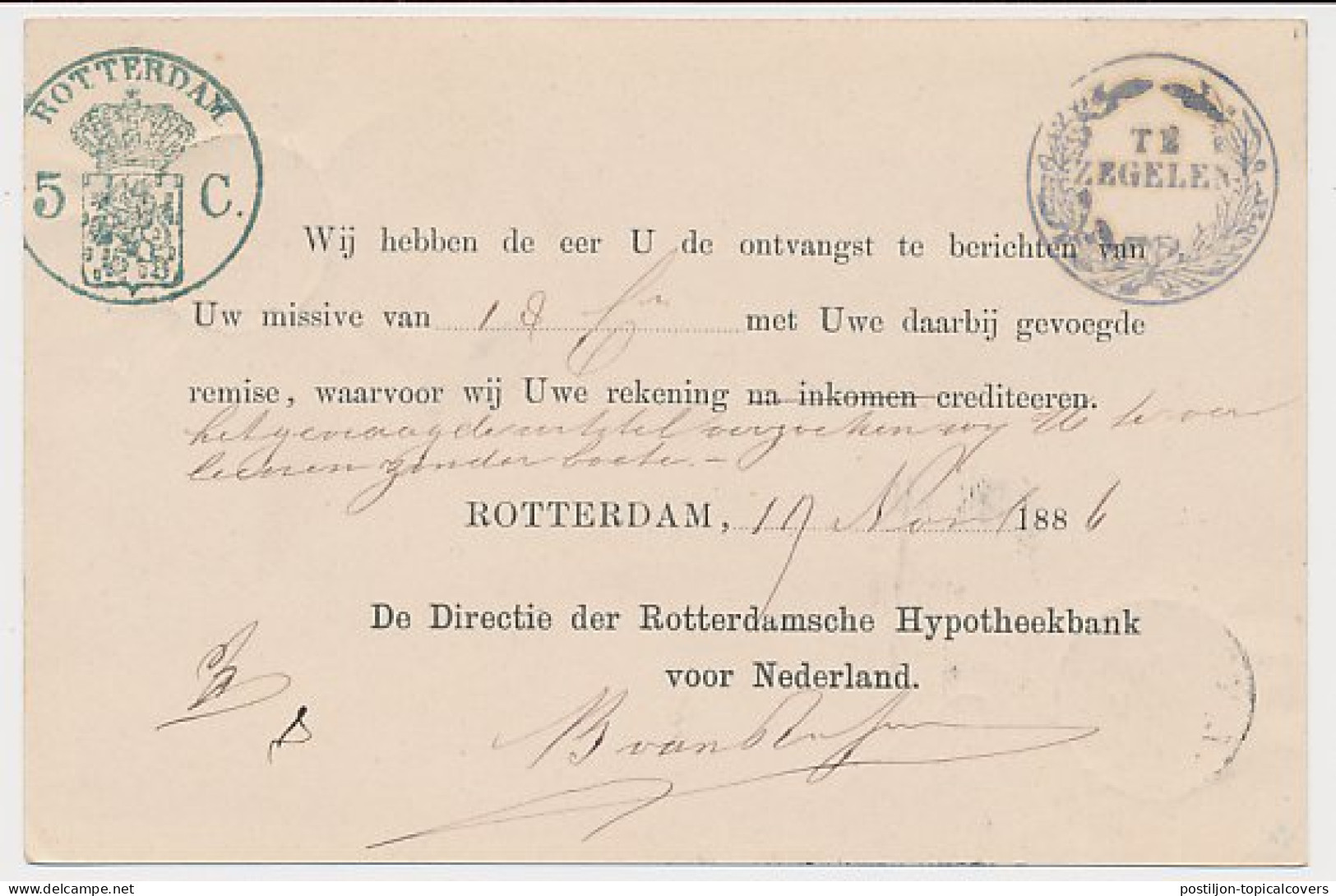 Briefkaart G. 23 Particulier Bedrukt Rotterdam 1886 - Material Postal