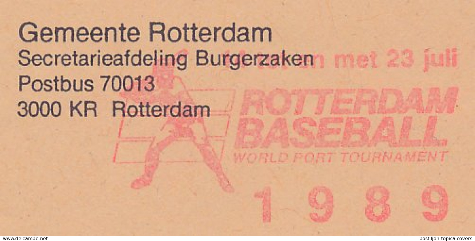Meter Cover Netherlands 1989 Rotterdam Baseball World Port Tournament 1989 - Andere & Zonder Classificatie