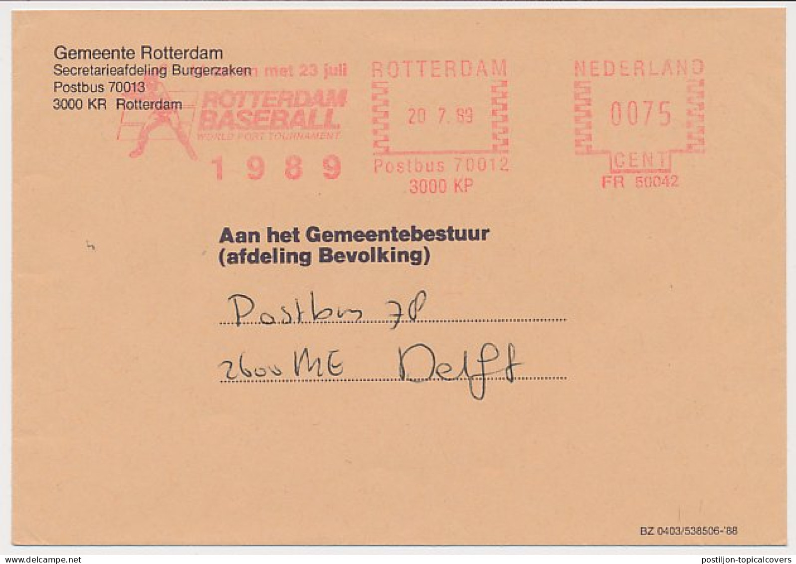 Meter Cover Netherlands 1989 Rotterdam Baseball World Port Tournament 1989 - Andere & Zonder Classificatie