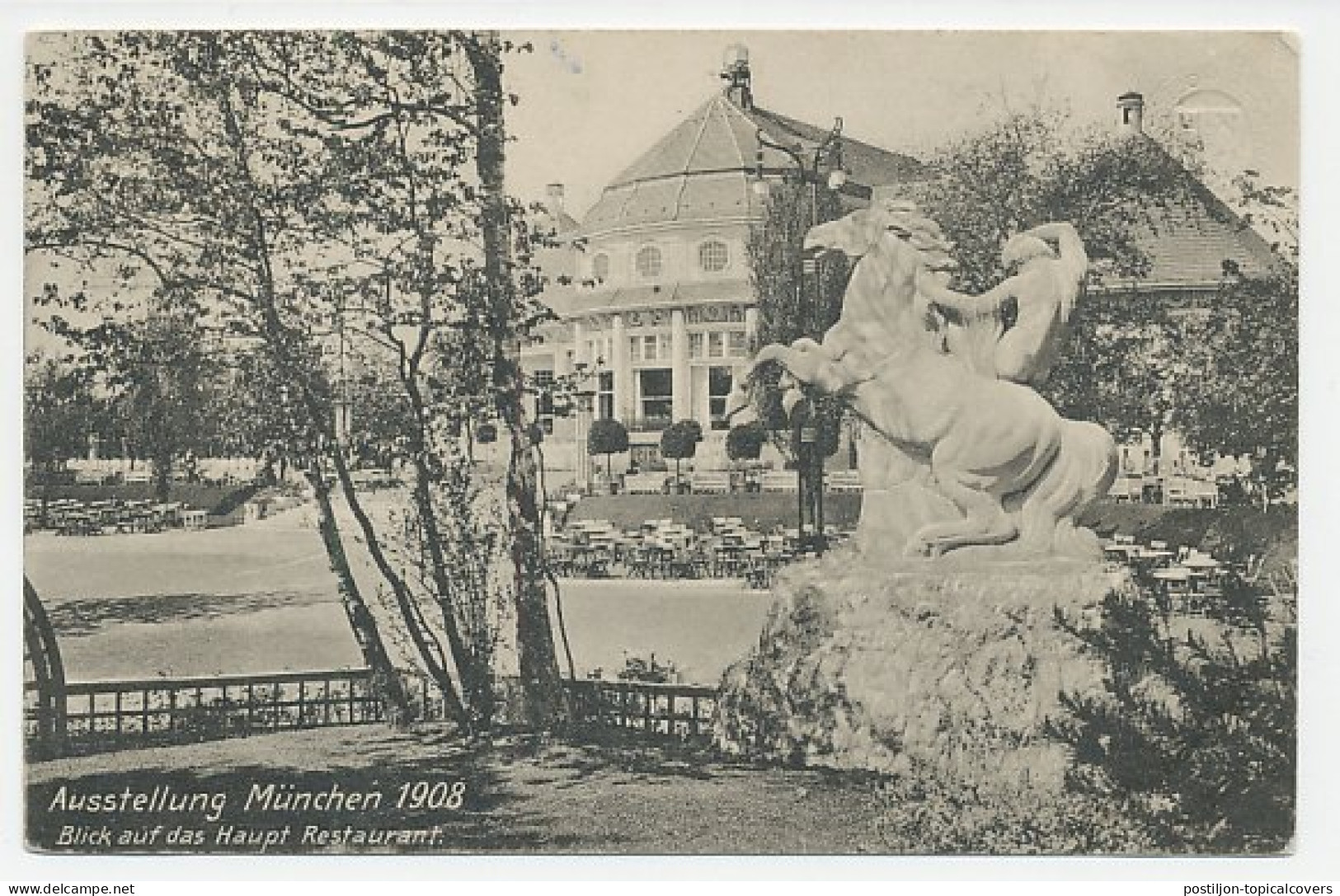 Postal Stationery Bayern 1908 Exhibition Munchen - Restaurant - Horse - Beeldhouwkunst