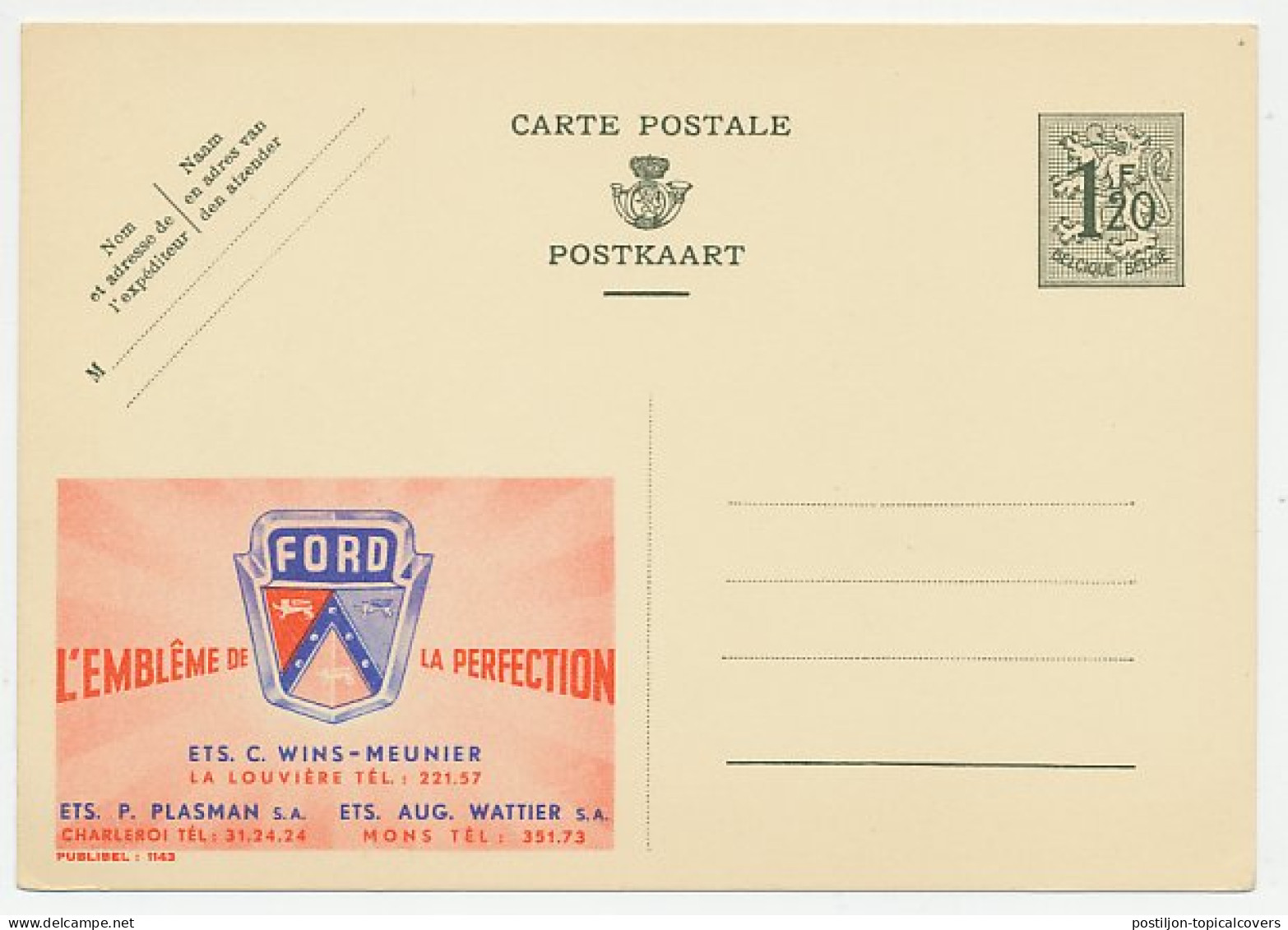 Publibel - Postal Stationery Belgium 1952 Car - Ford - Cars