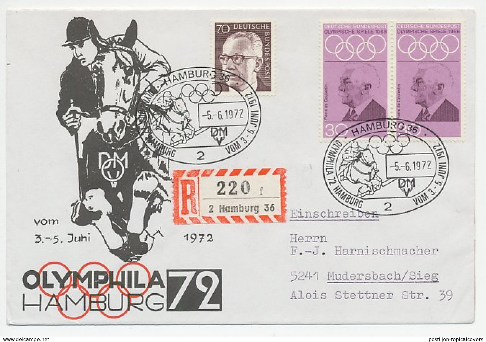 Registered Cover / Postmark Germany 1972 Horse Jumping - Olymphila Hamburg - Horses