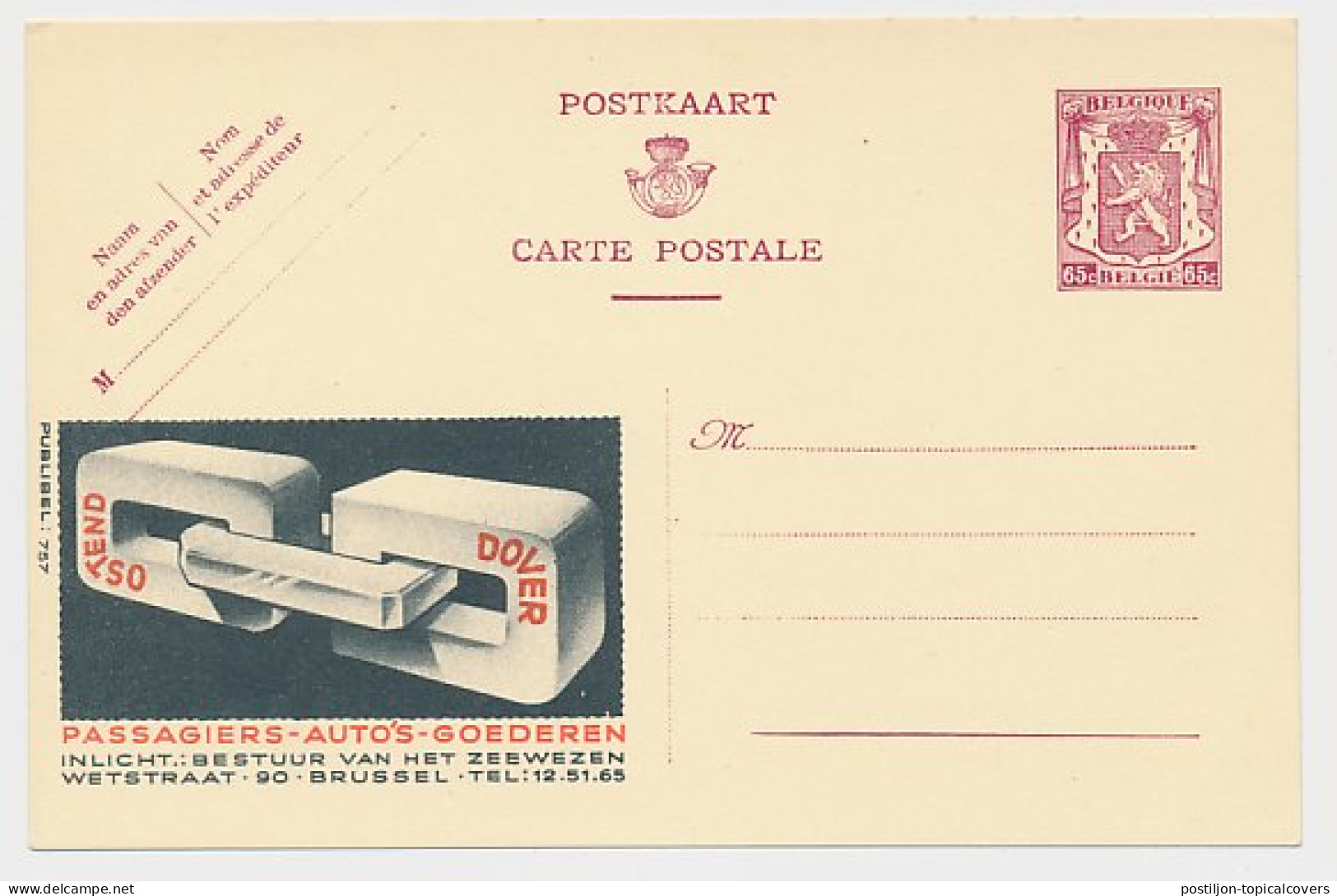 Publibel - Postal Stationery Belgium 1946 Ferry Boat - Oostende - Dover  - Schiffe