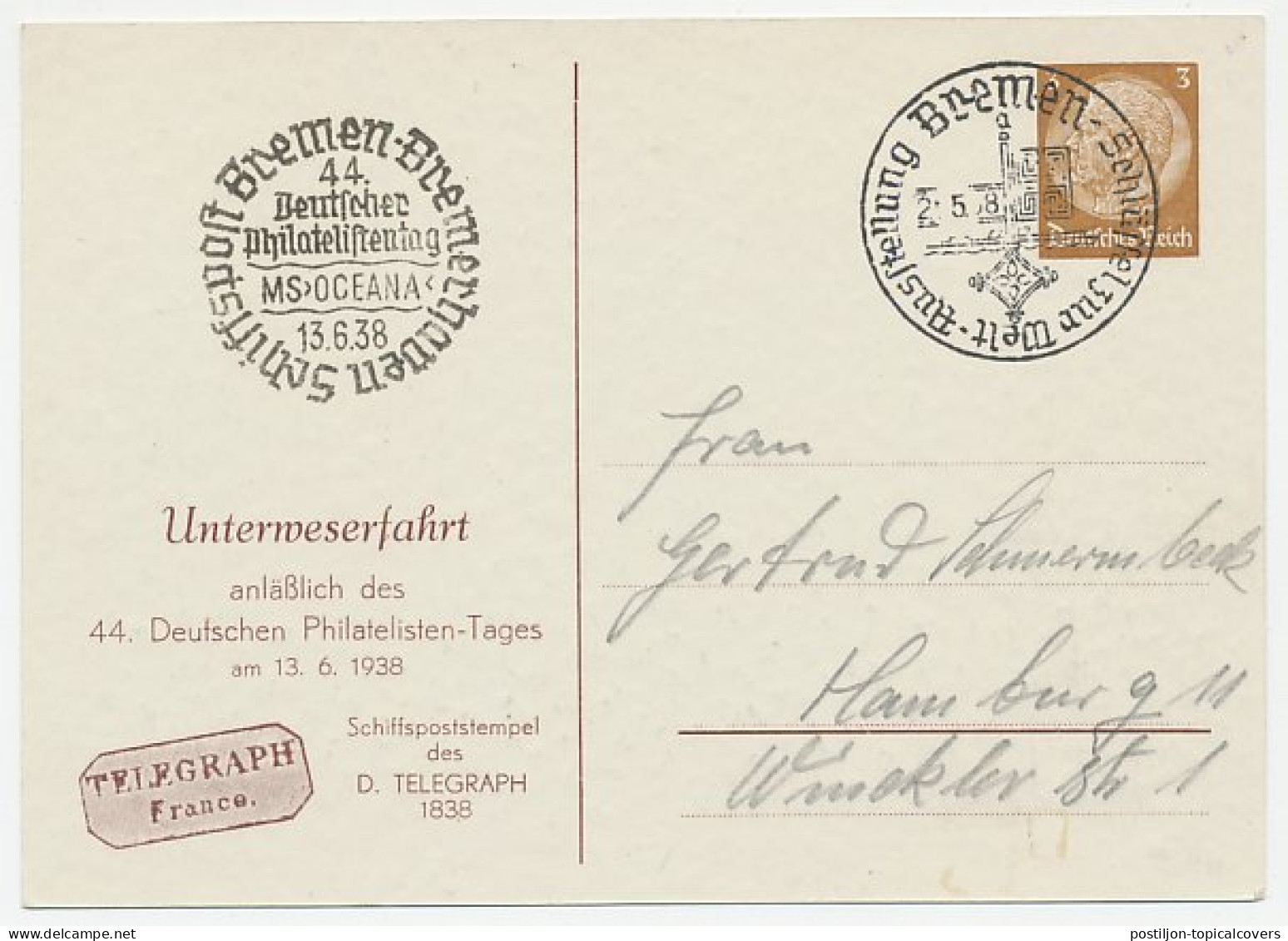 Postal Stationery Germany 1938 Stamp Exhibition Bremen - Shipmail - Sonstige & Ohne Zuordnung