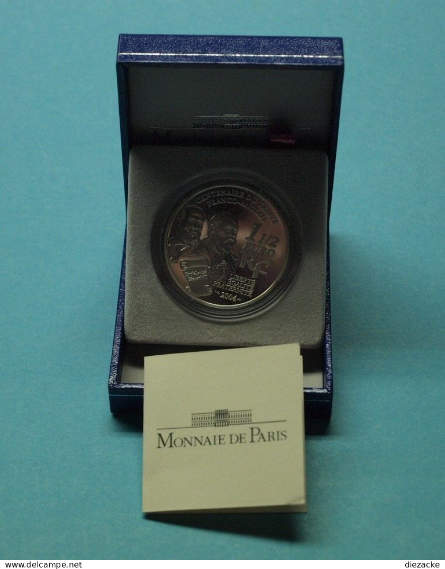 Frankreich 2004 1,5 Euro Entente Cordial Etui Zertifikat, 925er Silber PP (EM206 - Commemorative