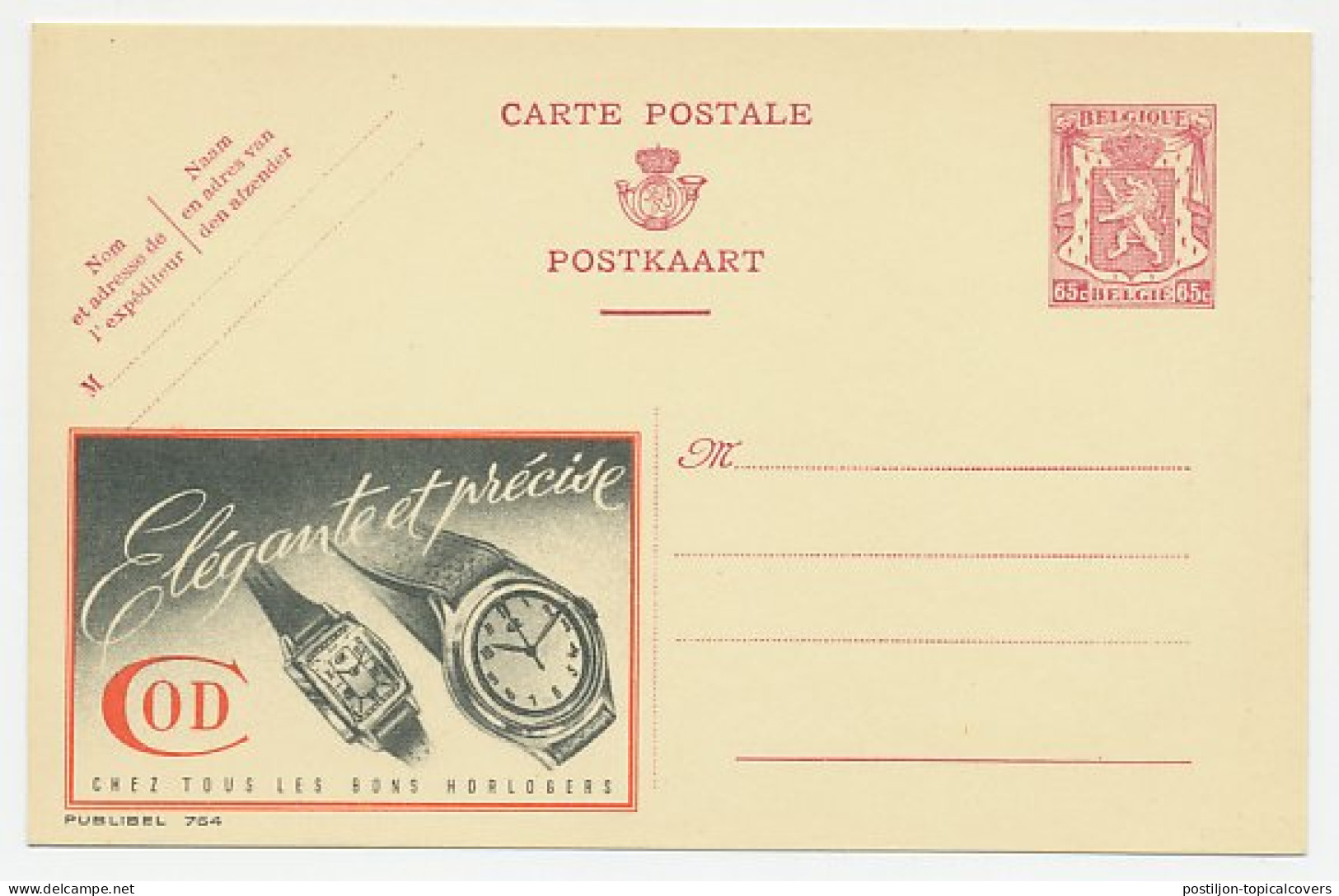 Publibel - Postal Stationery Belgium 1946 Watch - Orologeria