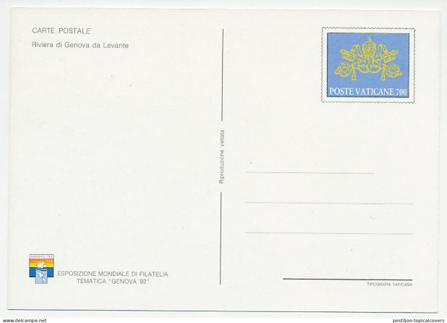 Postal Stationery Vatican 1992 Coast Genova - Geografia