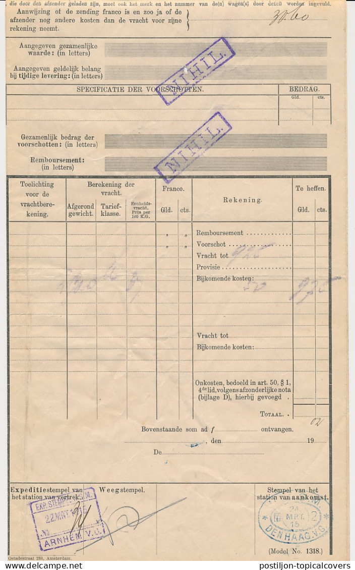 Vrachtbrief H.IJ.S.M. Arnhem - Den Haag 1915 - Unclassified