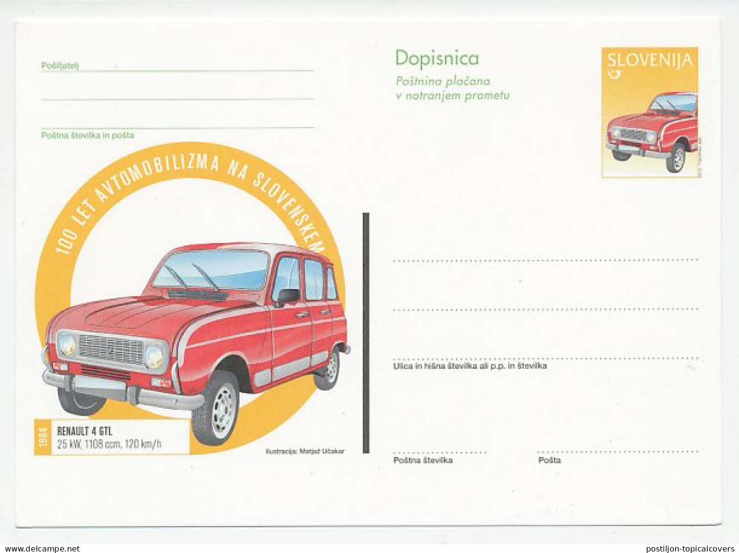 Postal Stationery Slovenia 1998 Car - Renault 4 GTL - Automobili