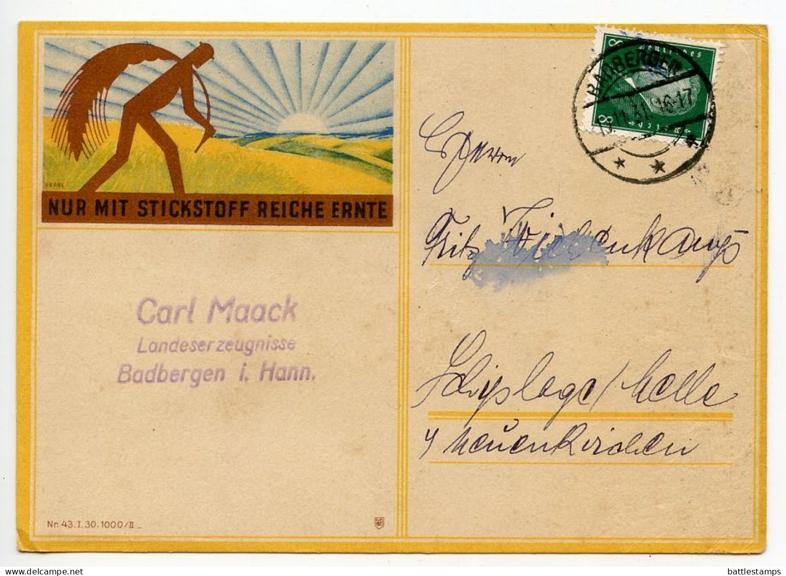 Germany 1931 Illustrated Postcard; Badbergen - Carl Maack To Schiplage; 8pf. Friedrich Ebert - Covers & Documents