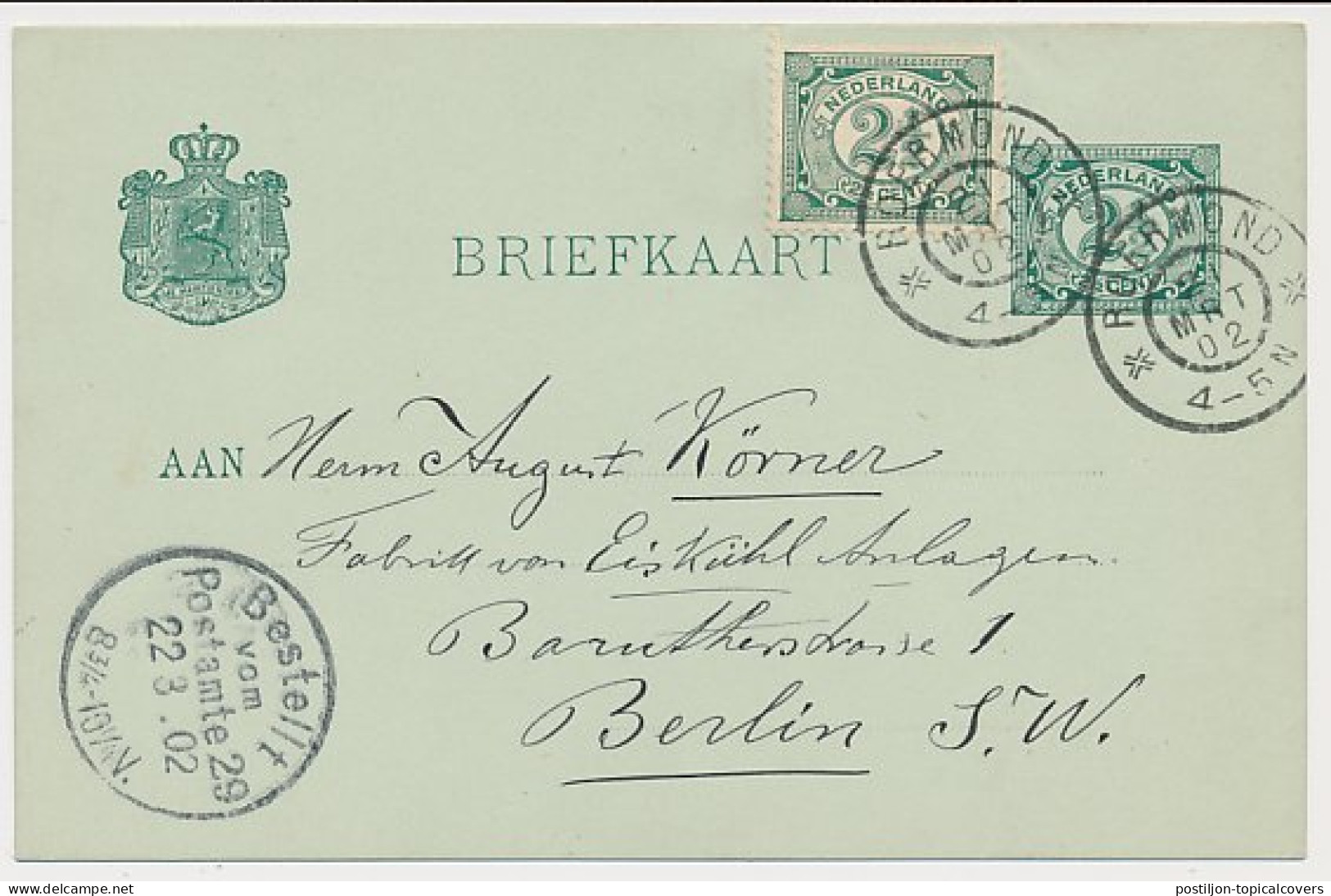 Briefkaart G. 51 / Bijfrankering Roermond - Duitsland 1902 - Postal Stationery