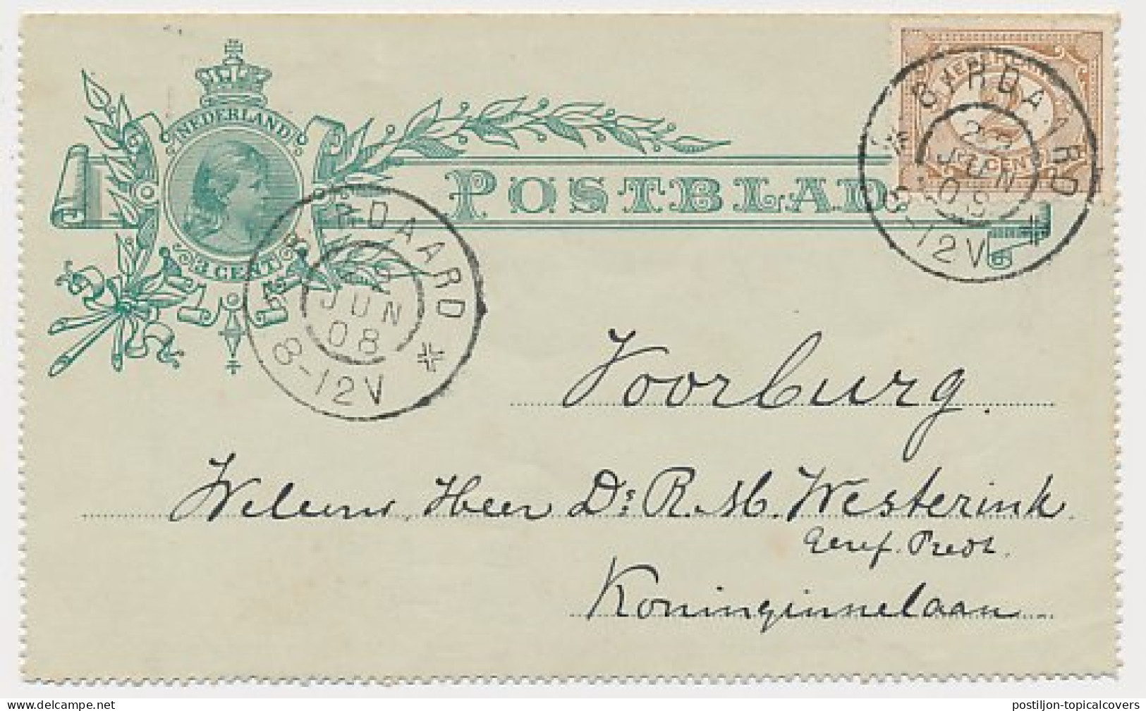 Postblad G. 3.x / Bijfrankering Birdaard - Voorburg 1908 - Postal Stationery